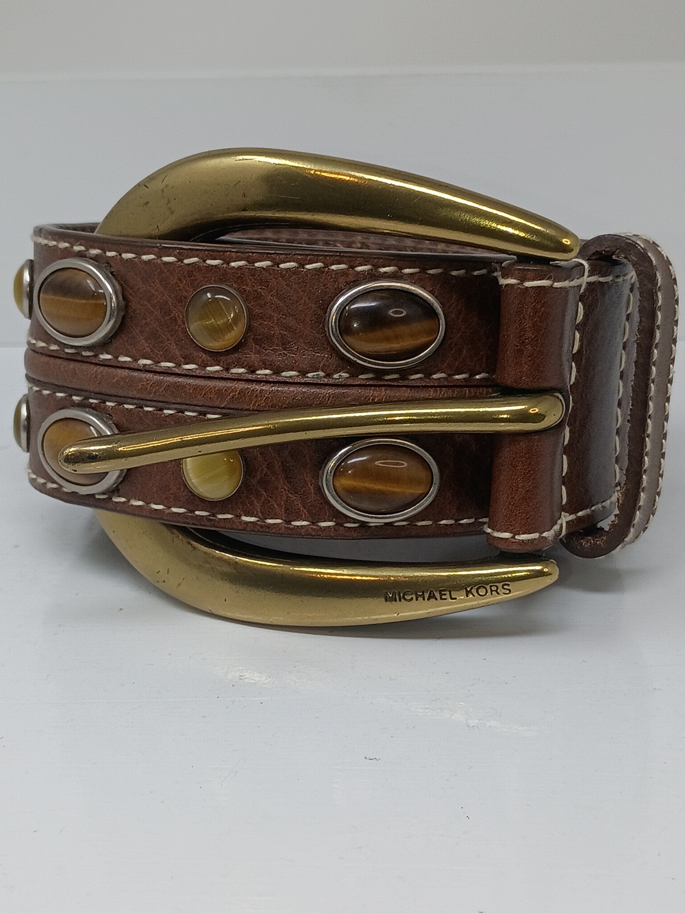 Michaels Kors Brown Leather Belt, Brass Buckle with Stud Accents - Picture 3 of 13